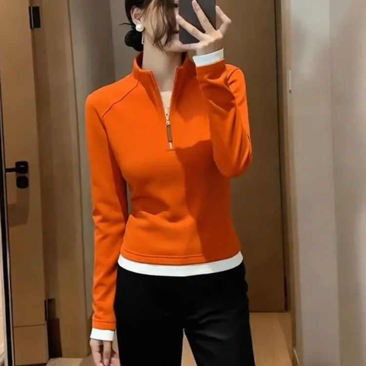 半高领拉链德绒打底衫女士秋冬时尚减龄修身显瘦加绒加厚内搭上衣
