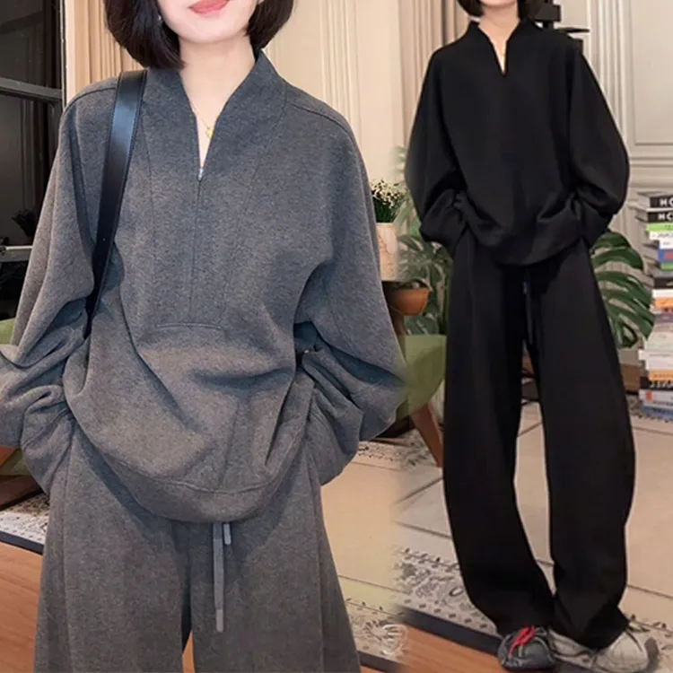 2025早秋韩版时尚设计感套装女显瘦露肩宽松长袖纯色阔腿裤两件套