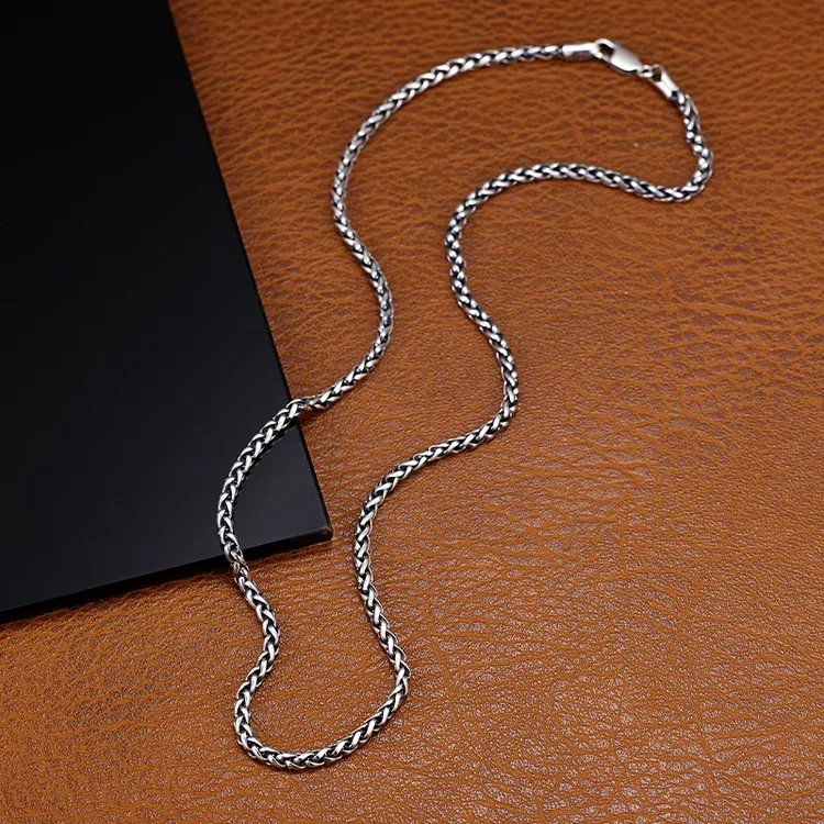 链子925银 通体复古做旧龙骨链潮男项链S925玉坠素链肖邦链情侣款