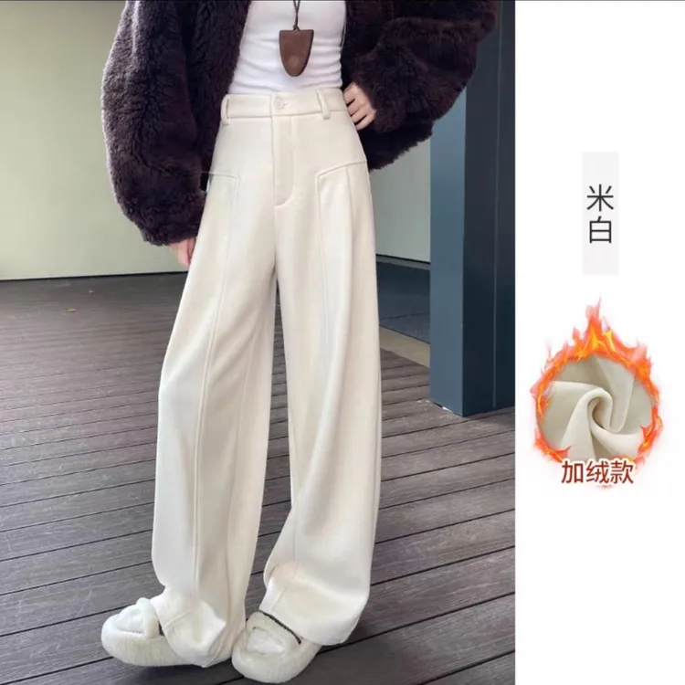 加绒加厚毛呢阔腿裤女款2025新秋冬季弯刀裤休闲显瘦百搭直筒裤
