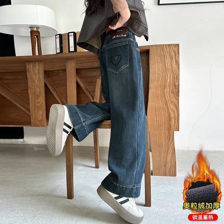 中腰牛仔裤大码秋季加绒直筒裤长裤冬季女牛仔裤