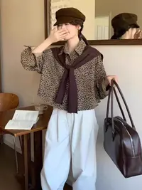 5122#秋季韩系豹纹长袖衬衫女时尚豹纹长袖衬衫+披肩两件套（约52）