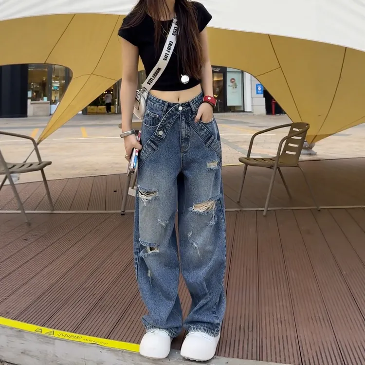 美式复古破洞弯刀牛仔裤女秋季新款梨型身材高腰宽松显瘦阔腿裤子