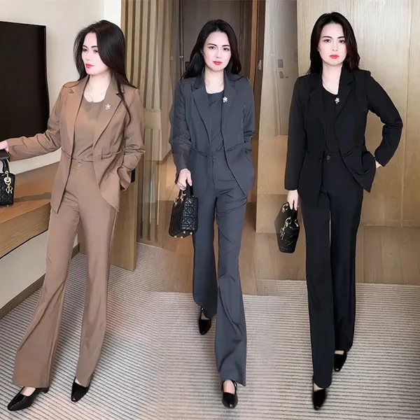 时尚西装套装女2025秋季新款洋气质职业休闲西服外套阔腿裤三件套