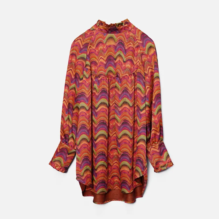 彩虹！流光风香云纱碎花上衣橘色印染女装中长款百搭减龄衬衫X3292