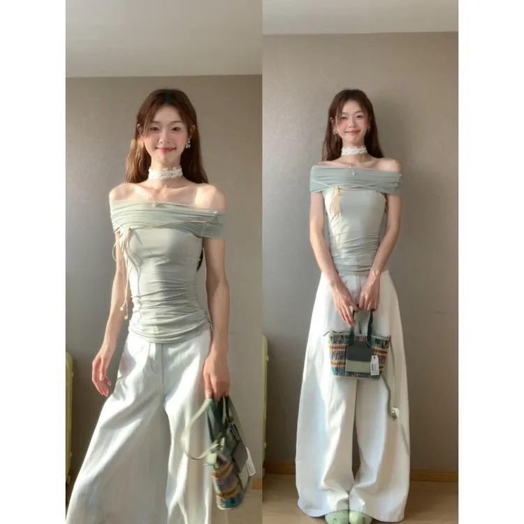 parkyeon高级感纯欲绝美一字肩薄荷绿短袖T恤直筒阔腿裤套装女