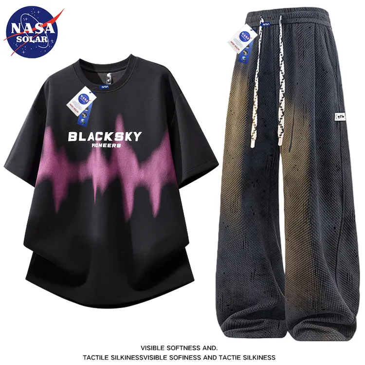 NASA SOLAR大码渐变字母印花短袖套装男夏季宽松透气休闲圆领T恤