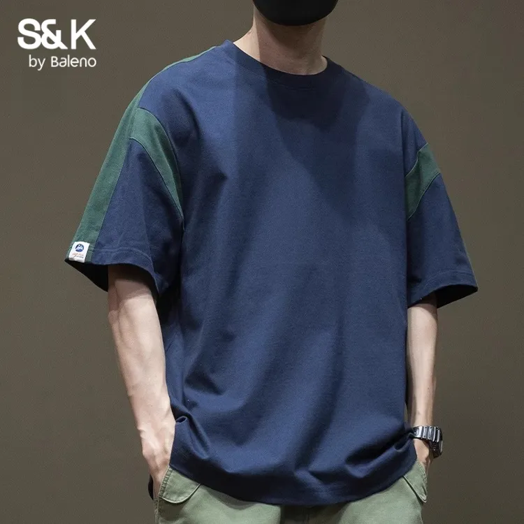 班尼路S&K夏季潮流日系拼接撞色重磅短袖T恤男纯棉男士宽松大码男