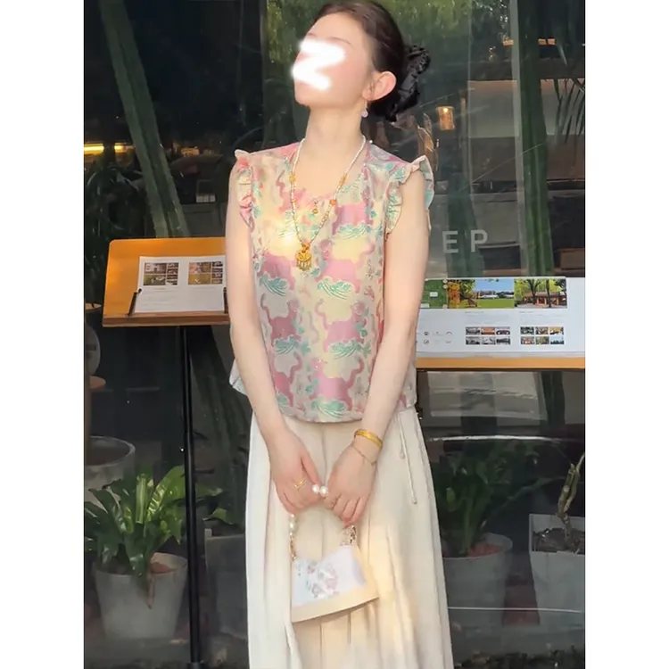 夏季清冷贵气感穿搭轻奢高级感新中式佛系禅意风粉色醋酸缎面套装