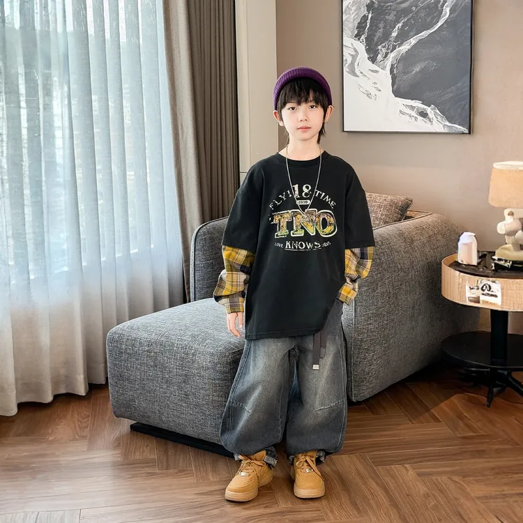 儿童装男童秋装套装2025新款秋季中大童男孩假两件格子袖拼接韩版