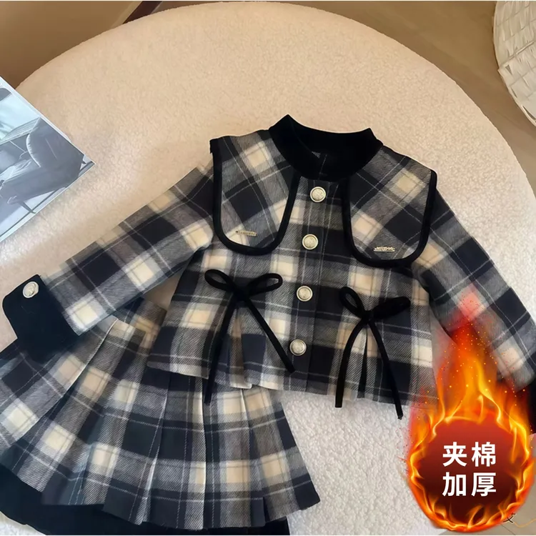 女童秋冬2025新款小香风二棉棉服学院格子毛呢夹棉外套百褶裙套装