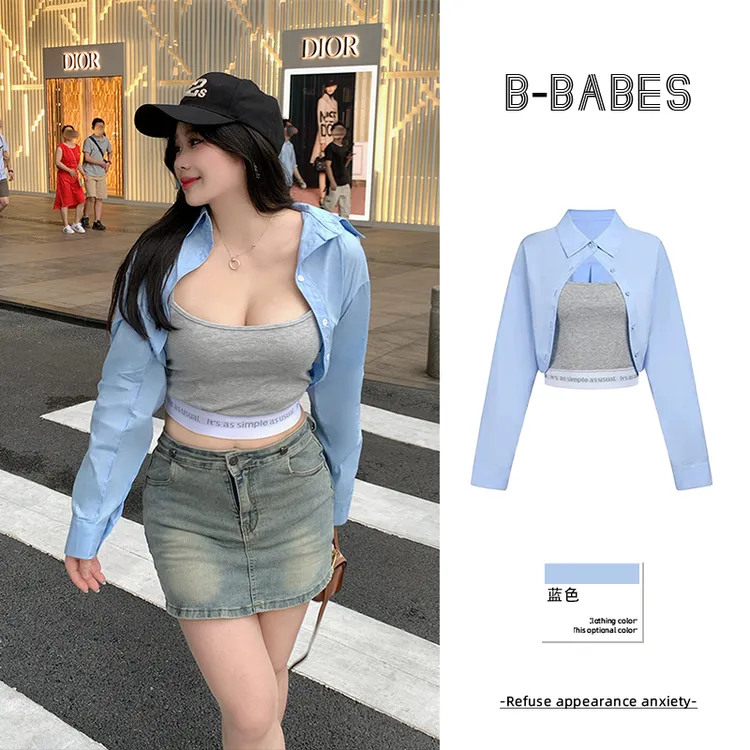 B-babes【天空琉璃】小众设计假两件短款衬衫新款百搭修身显瘦上衣