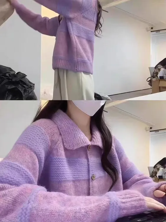 高级感紫色软糯单排扣翻领毛衣开衫外套女2025新款秋季多巴胺上衣