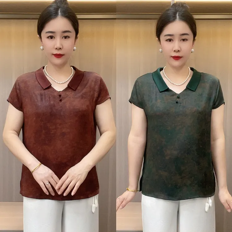 2918新款夏季短袖翻领精品中老年上衣时髦时尚气质宽松凉爽妈妈装