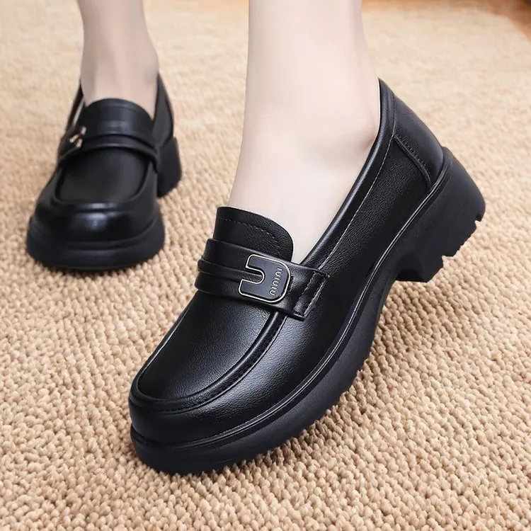 春秋新款乐福鞋百搭圆头厚底防滑女鞋工作妈妈鞋单鞋春季舒适软底