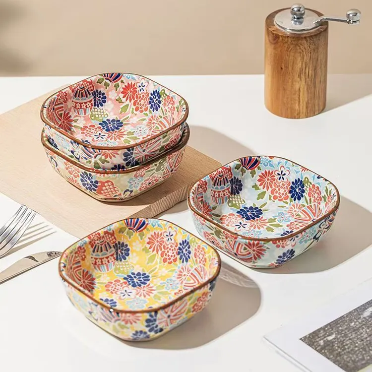 繁花系列4.5英寸四方小碗（四个颜色各一个）（四色）釉下彩陶瓷餐具