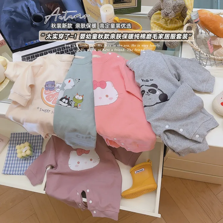 秋季纯棉新款婴幼童亲肤纯棉磨毛家居服小爬服开档连体衣宝宝装