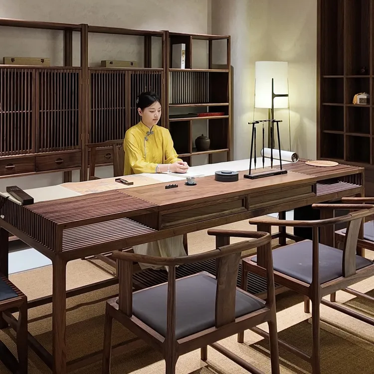 实木茶桌椅组合黑胡桃木书法桌新中式禅意书房简约办公桌书桌