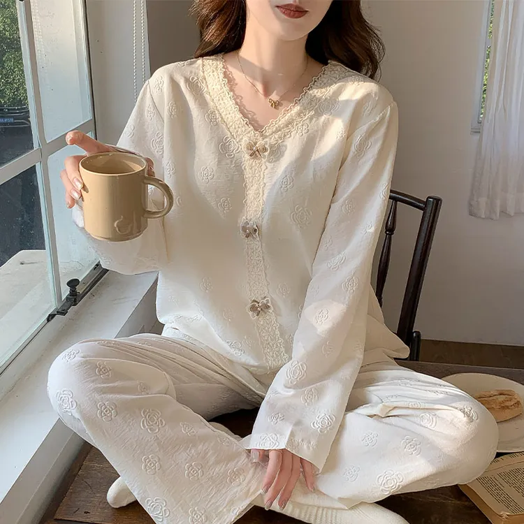 带胸垫长袖睡衣女春秋季2025新款云朵棉甜美花边可外穿家居服套装
