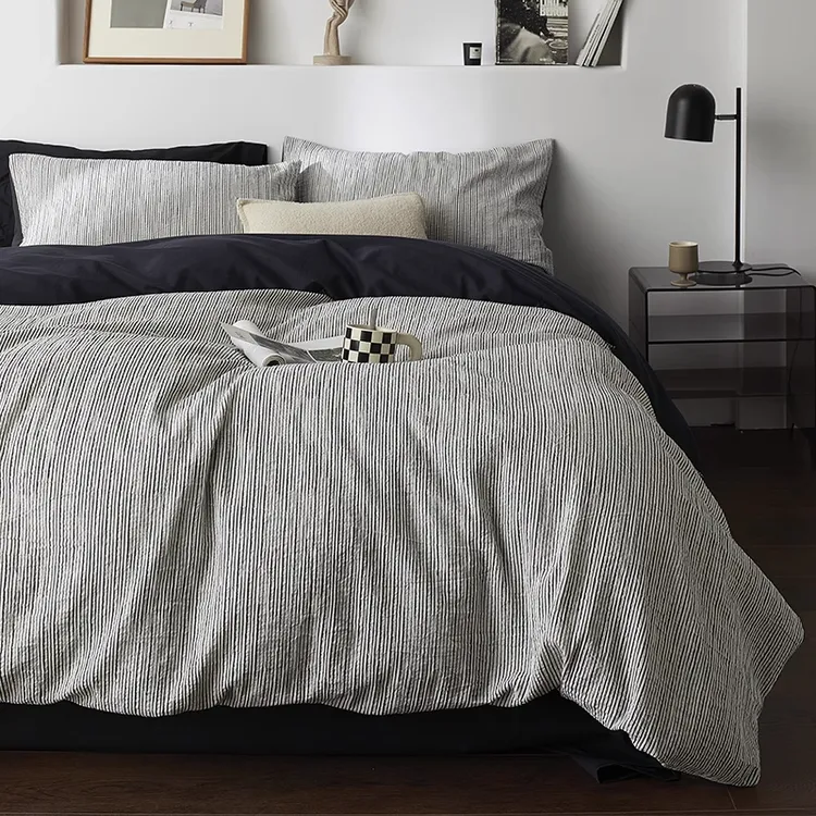 极简侘寂风丨四件套全棉纯棉2025新款床单被套黑白条纹高级感床品