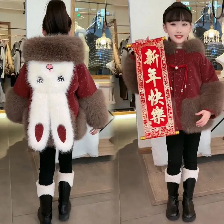 女童外套秋冬耳朵2025新款冬季儿童时髦加绒洋气加厚宝宝仿皮年服
