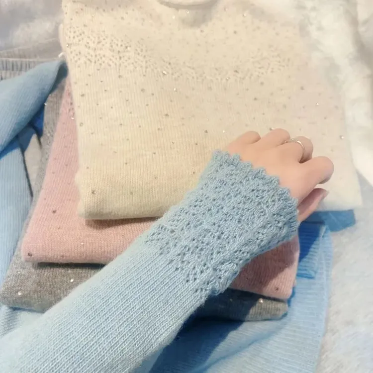 法式气质长袖针织衫钩花纯色烫钻半高领针织衫打底衫毛衣K1-90