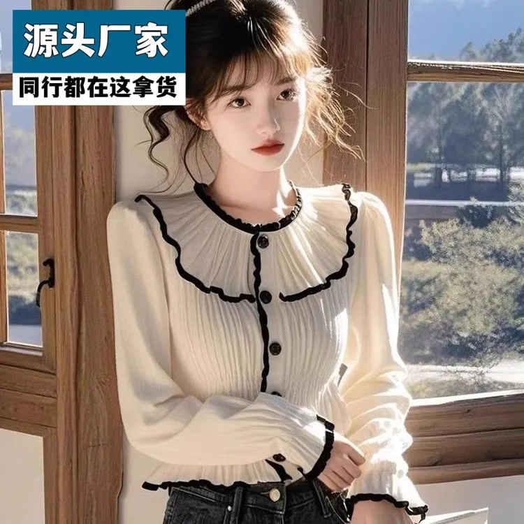 梵乐芬2025法式高级感洋气设计感长袖衬衫女春秋百搭荷叶边独特漂