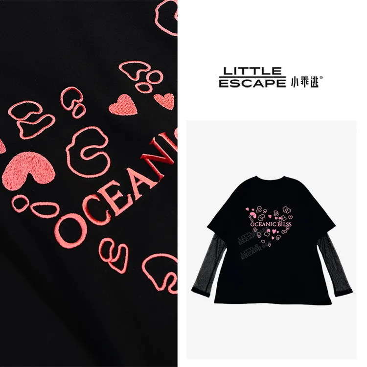 小乖逃X怦然心动 爱心黑色T恤拼接假两件网纱袖子宽松上衣 S25107