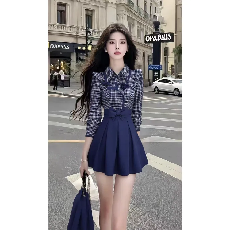 时尚新款休闲通勤风深蓝色翻领长袖收腰拼接连衣裙女显瘦气质短裙