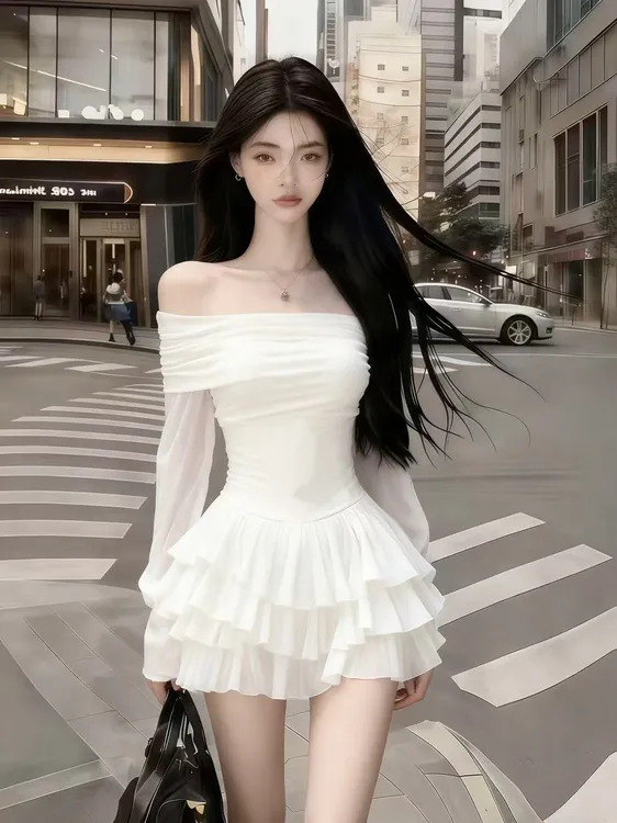 秋冬季新款静奢纯欲气质千金风白色一字肩露肩抹胸中腰网纱连衣裙