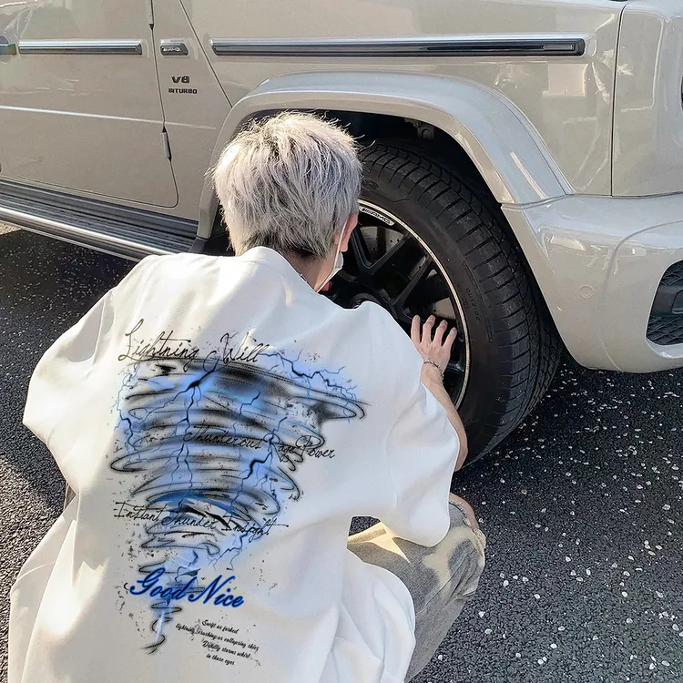 重磅美式潮牌闪电龙卷风印花纯棉短袖t恤男女夏季宽松中性风上衣