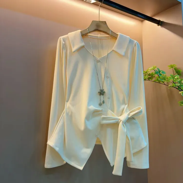 新款时尚洋气系带V领修身显瘦百搭不规则设计上衣（衣长55左右）