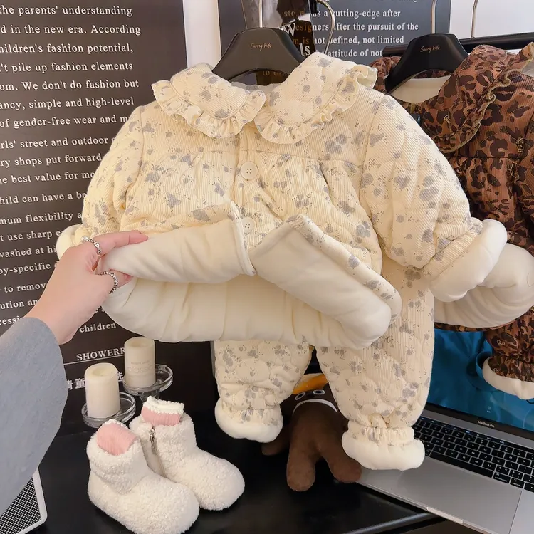 超厚款女宝宝甜美保暖家居服套装冬季卡通碎花睡衣棉衣棉裤两件套
