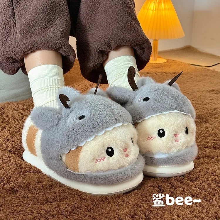 猫力创意鲨帽蜜蜂毛毛鞋男女趣味居家防滑情侣冬季包跟棉拖鞋女款