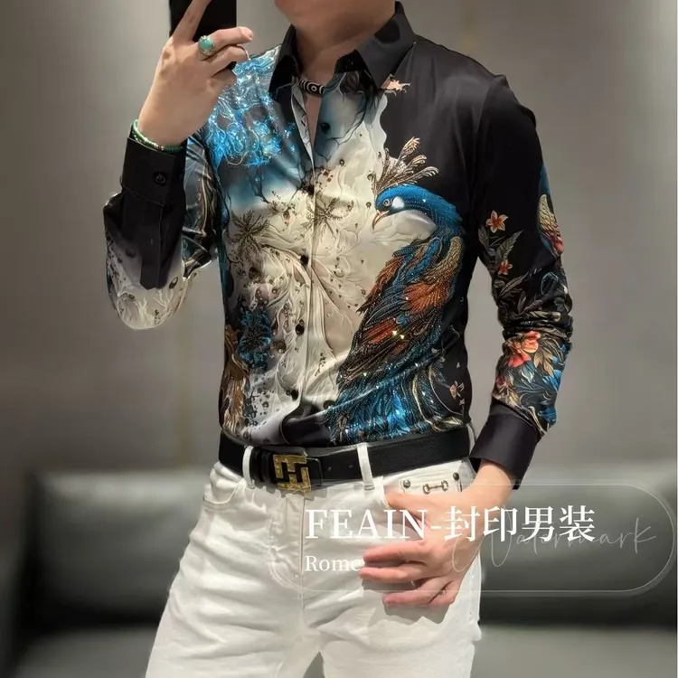 高端男士定制弹力莱卡孔雀开屏奥钻点缀长袖衬衫2584