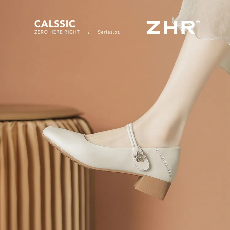 ZHR/则则玛丽珍鞋女夏季新款浅口粗跟时尚优雅法式星钻休闲单鞋