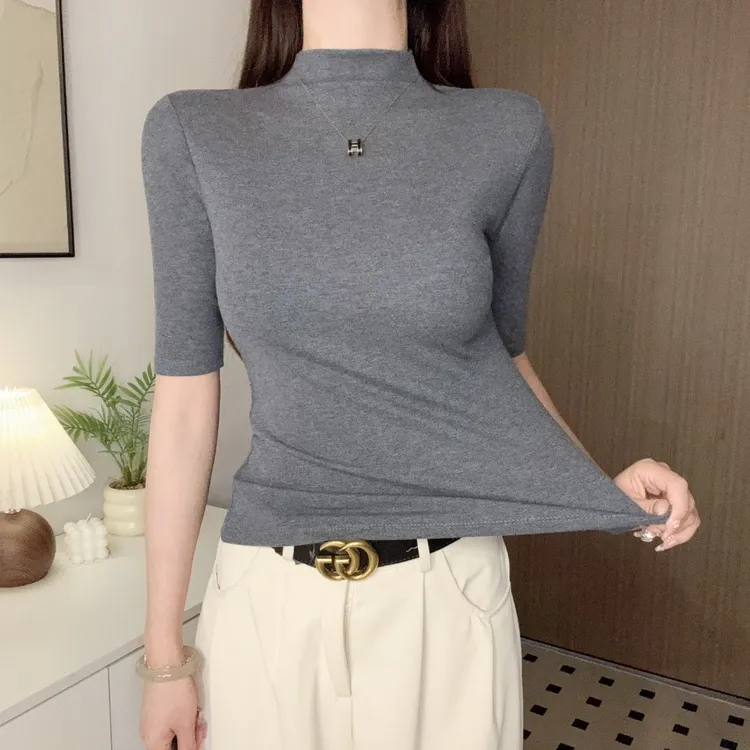 半高领螺纹中袖五分袖t恤女早秋修身百搭打底衫内搭针织洋气上衣