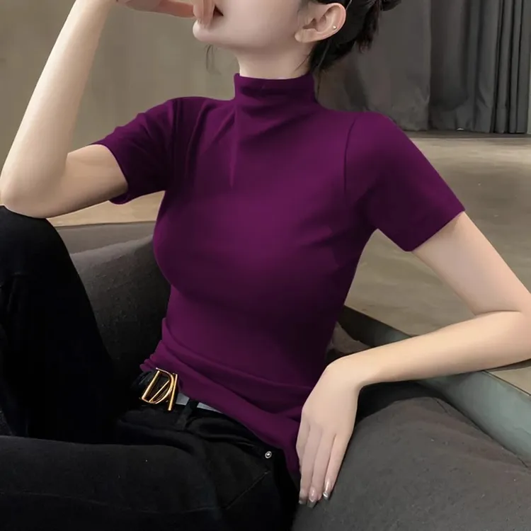 紫色短袖T恤女针织半高领打底衫内搭春夏季洋气韩系修身半袖上衣