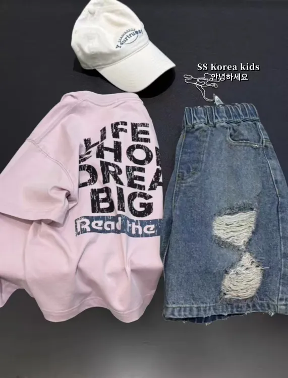  儿童夏款套装2025新款男童短袖男孩设计款T恤宽松破洞牛仔短裤潮