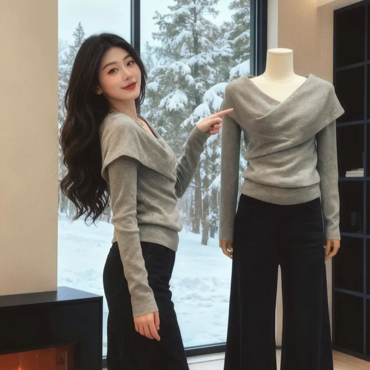 大码气质v领交叉灰色针织衫2025秋季韩系上衣胖mm修身内搭打底衫