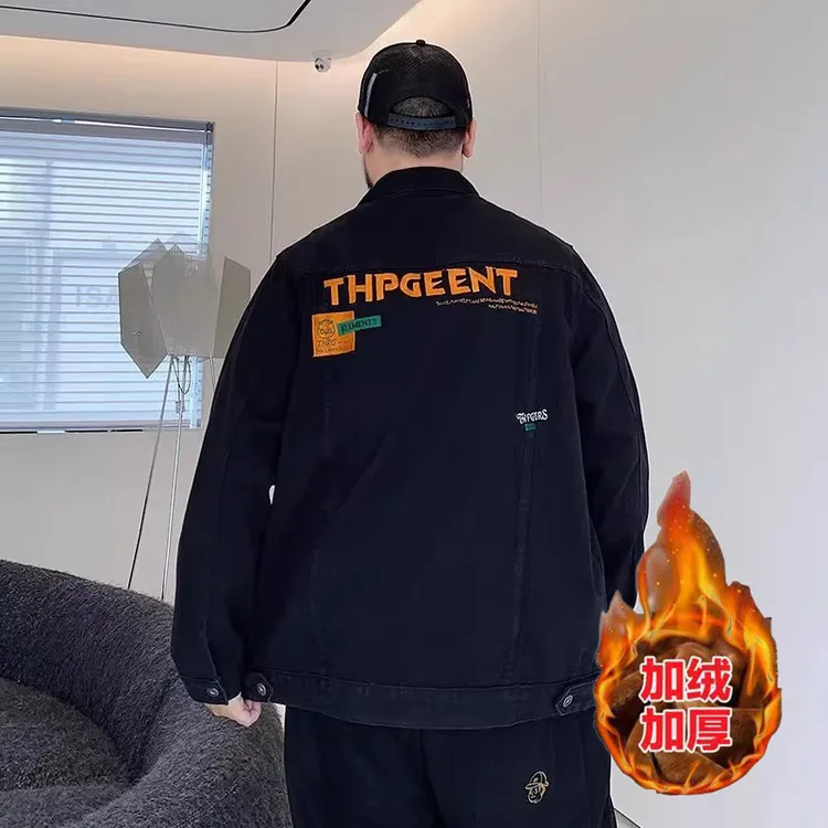 秋季加绒牛仔外套男宽松潮流百搭帅气加厚保暖秋冬男装时尚夹克