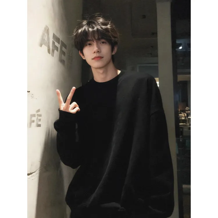 黑色美式重磅卫衣男款加绒加厚cleanfit小领口长袖t恤内搭打底衫