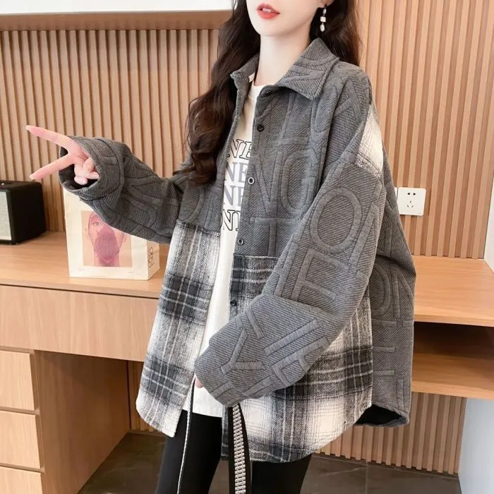 薄款秋冬休闲慵懒宽松拼接外套女2025新款潮流上衣百搭减龄衬衫女