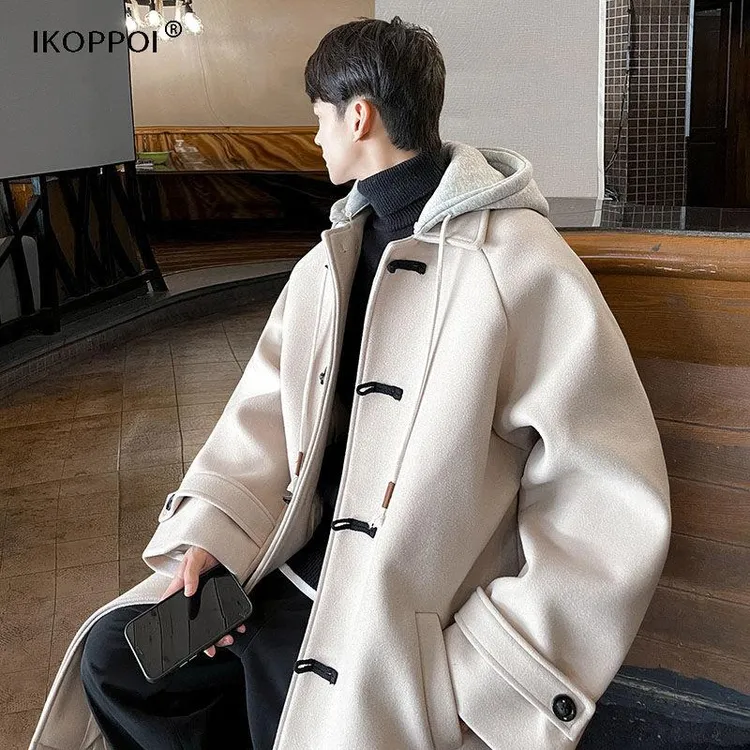 牛角扣毛呢大衣男士秋冬季潮牌中长款呢子外套高级感痞帅连帽上衣