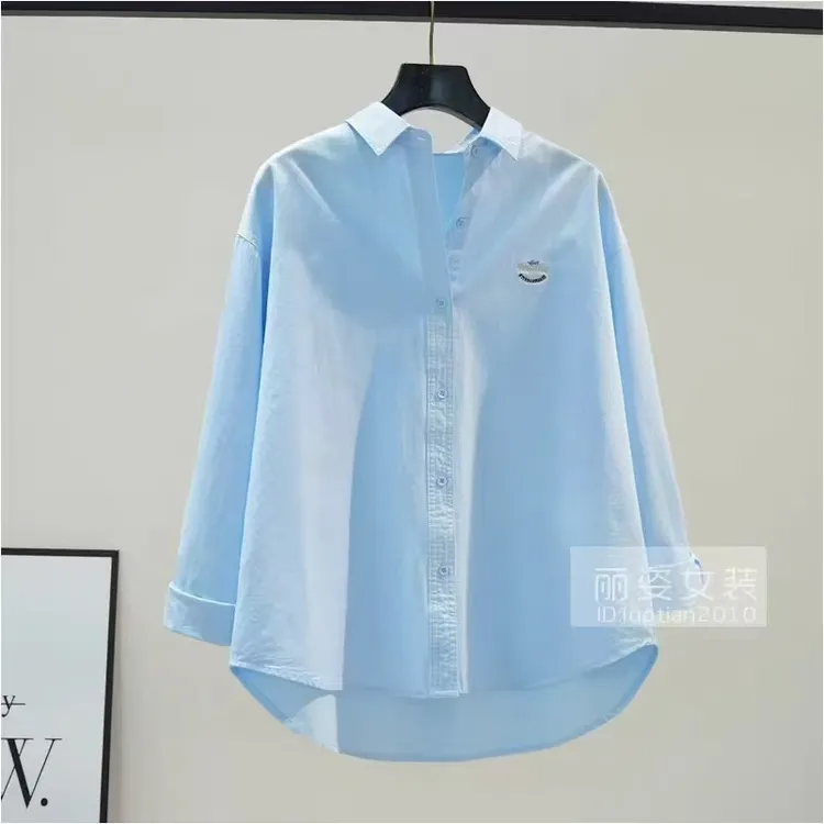 蓝色中长款刺绣衬衫宽松休闲设计感长袖衬衣百搭时尚上衣