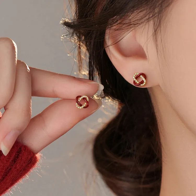 铜合金耳饰 本命年同心结红色耳钉女高级感马年耳环2026新年耳饰
