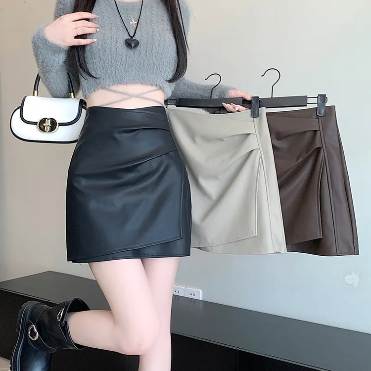 设计感不规则PU皮短裙2025秋冬高腰显瘦开叉包臀裙a字半身裙裙裤