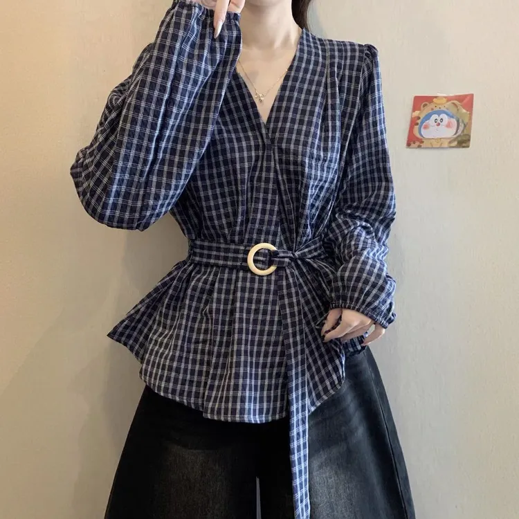 深蓝色格子长袖衬衫女秋装2025新款大码胖mm高级收腰绑带