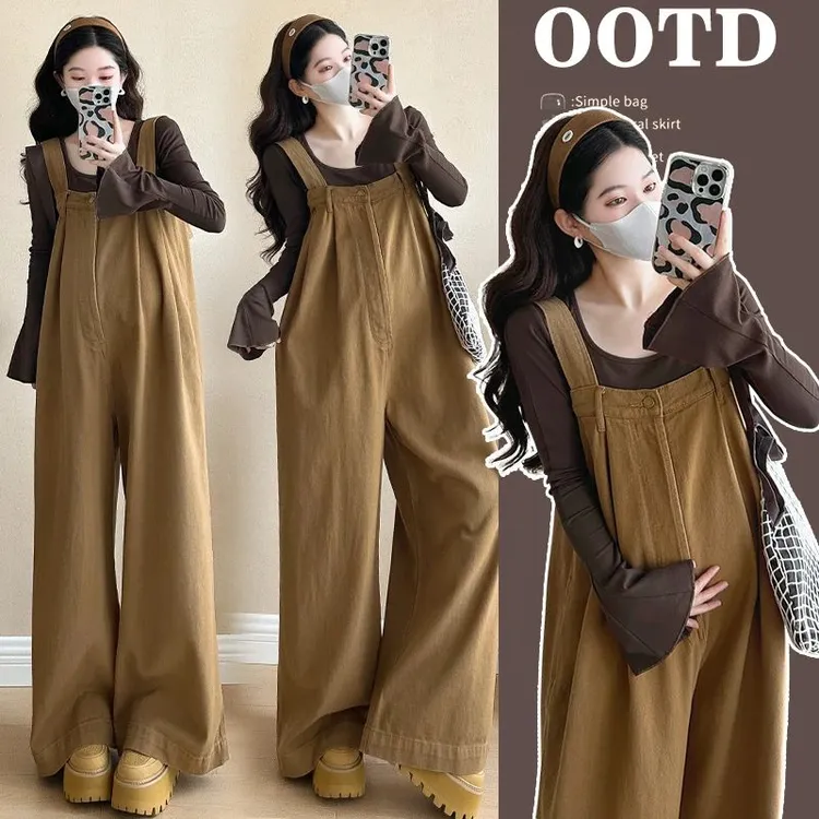 孕妇背带裤套装春装新款时尚显瘦打底衫宽松休闲阔腿连体裤子