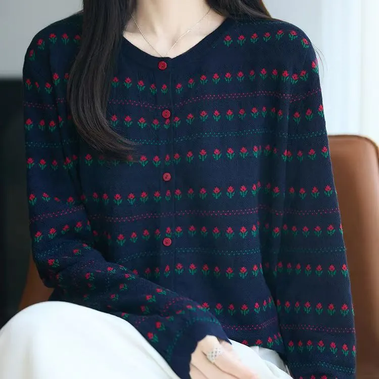 法式时尚复古郁金香提花精纺羊毛长袖显瘦针织开衫女205秋季新款